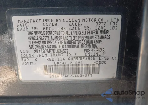 2013 Nissan Sentra Sv z USA, uszkodzony, nr VIN 3N1AB7AP7DL634579